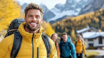 man smiles while hiking with friends in beautiful mountain landscape photo