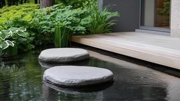 Tranquil water feature with stepping stones surrounded by lush greenery photo