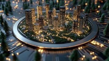 futuristic cityscape with illuminated skyscrapers and greenery photo