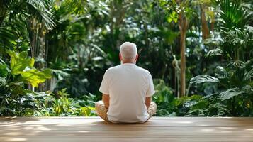 serene old man enjoying quiet moment in lush green garden photo