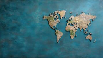 detailed world map with textured landmasses on blue background photo