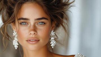High resolution portrait of woman with captivating blue eyes and earrings photo