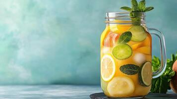 Refreshing fruit punch with citrus and mint in glass jar photo
