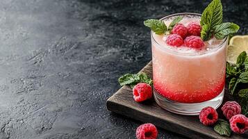 Refreshing raspberry drink with mint leaves and lemon slice photo