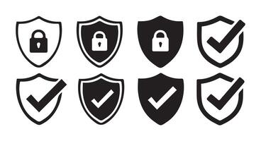 Security shield icons, security shields logotypes with check mark and padlock. vector