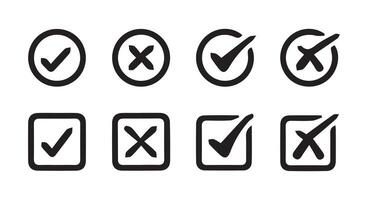 check mark and cross icon set, circle and square. vector