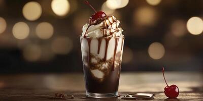 A glass with ice cream and soft-serve on top of the drink, with chocolate sauce, caramel drizzle, and a vanilla-like smoky texture finish, with a cherry floating in it. photo