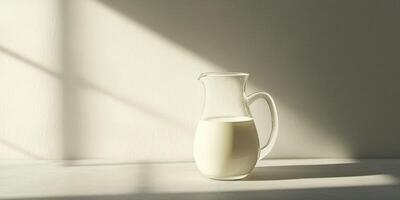 A glass jug of milk on a table, against a gray background, with sunlight and shadow effects photo