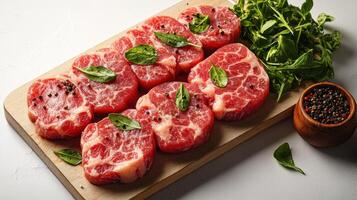 A vibrant display of beef round slices paired with fresh herbs on a wooden board photo