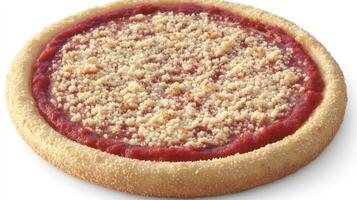 A fresh pizza has a soft crust, savory tomato sauce, and a sprinkle of crumbs photo