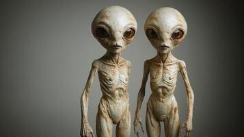 Two unusual aliens with large eyes and slender bodies capture attention in dim light photo