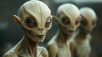 Three alien figures stand silently, gazing towards unknown horizons in twilight photo