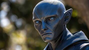An alien character gazes intensely, featuring vibrant blue eyes and intricate details photo