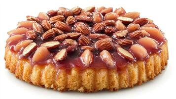 A delicious almond tart topped with shiny glaze and nuts invites indulgence photo