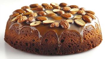 Delicious cake featuring a glossy caramel layer and crunchy almond topping photo