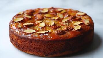 A moist cake topped with caramelized fruits and crunchy almonds, invitingly golden photo