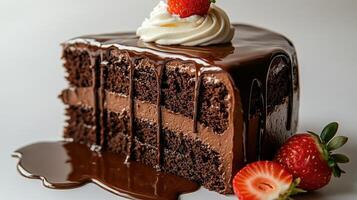Chocolate cake with creamy filling, strawberries, and whipped cream on top photo