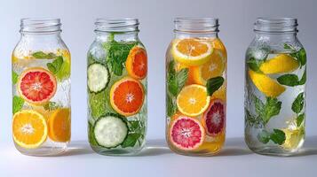 Colorful jars filled with mint leaves and citrus slices create a refreshing drink photo