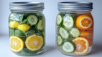 Two glass jars filled with vibrant lemon, cucumber, and mint ingredients photo