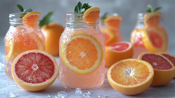 Refreshing citrus beverages in jars surrounded by juicy oranges and grapefruits photo