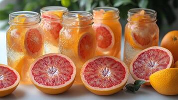 Juicy citrus fruits nestled in clear jars bring a burst of brightness and flavor photo