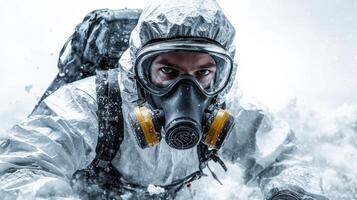 A determined individual battles harsh snow conditions in protective gear photo