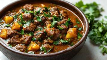 Savory beef stew with tender chunks of meat, potatoes, and vibrant herbs inviting warmth photo