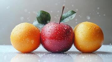 Fresh apples and oranges glisten with dew, highlighting their vibrant beauty photo