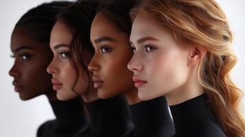 Four women model unique styles, highlighting diversity and elegance in a creative setting photo