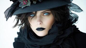 A captivating figure with blue eyes and black lipstick holds an enigmatic gaze photo