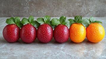 Fresh, vibrant strawberries and oranges shine with beautiful arrangements photo