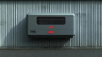 A modern air conditioning unit stands out against a textured metal backdrop photo