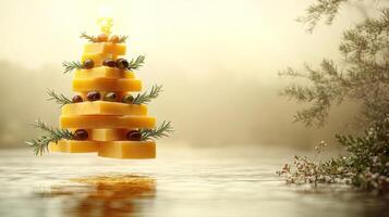 Cheese slices arranged in a pyramid float on calm water, adorned with herbs and berries photo