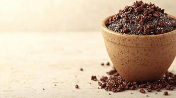 Chia seeds cascade from a rustic pot, emphasizing their rich texture and earthy charm photo