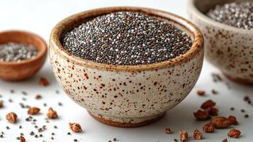 Charming chia seeds are arranged in rustic bowls, inviting culinary creativity photo