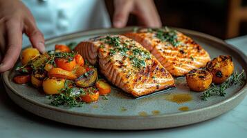 Delicious salmon fillets garnished with herbs, accompanied by vibrant roasted vegetables photo