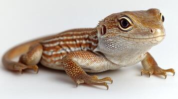 A colorful lizard relaxes on a clean surface, revealing intricate patterns in its skin photo