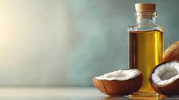 Golden coconut oil glistens next to open coconuts on a smooth surface photo