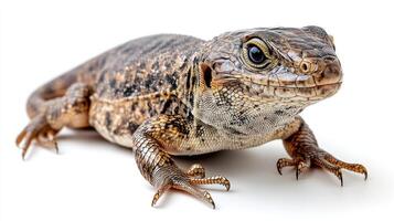 A vibrant lizard displays its intricate patterns while nestled on a clean surface photo