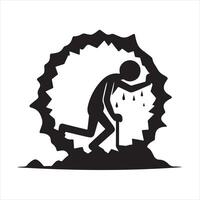 An illustration of a silhouette of a stickman exhausted while emerging from a hole silhouette white background vector