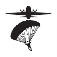 An illustration of a silhouette of a stickman parachuting from an airplane silhouette white background vector