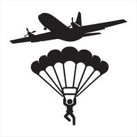 An illustration of a silhouette of a stickman parachuting from an airplane silhouette on white background vector