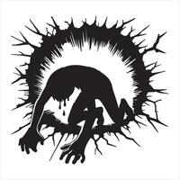 An illustration of a silhouette of a stickman exhausted while emerging from a hole silhouette on white background vector