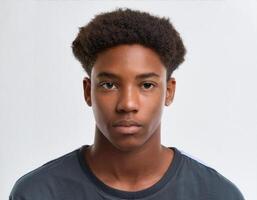 Portrait of African Teenager with Defined Defined Defined Medium Length Curly Curls on White Background photo