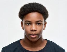 Studio Portrait of African Teenager with Defined Curls and Expression on White Background photo