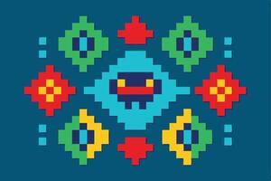 Pixelated Folk Art Design Colorful Geometric Shapes and Retro Spaceship vector
