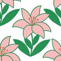 Pink Lily Flowers Seamless Pattern Green Leaves Botanical Design vector