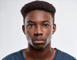 Portrait of African Teenager with Defined Medium Curls and Soft Expression on White Background photo