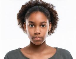 Studio Portrait of African Teenager with Defined High Fade Curls and Soft Expression on White Background photo