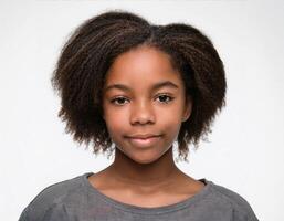Close Up Portrait of African Teenager with Defined Defined Texture and Expression on White Background photo